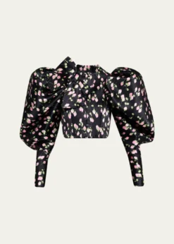 Marc Jacobs RunwayRose-Print Satin Bow Balloon-Sleeve Crop Jacket