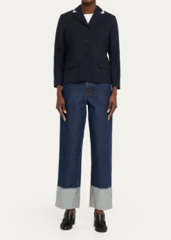 MarniContrast Ribbed Lapel Single-Breasted Blazer Jacket