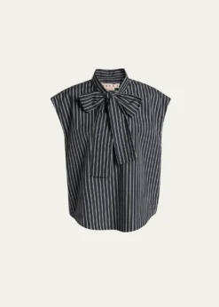 MarniSelf-Tie Half-Placket Striped Blouse