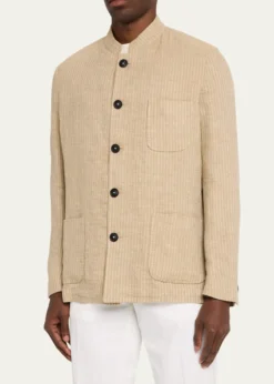 Massimo AlbaMen's Linen and Cotton Band-Collar Stripe Jacket