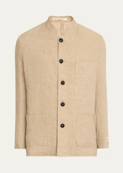 Massimo AlbaMen's Linen and Cotton Band-Collar Stripe Jacket