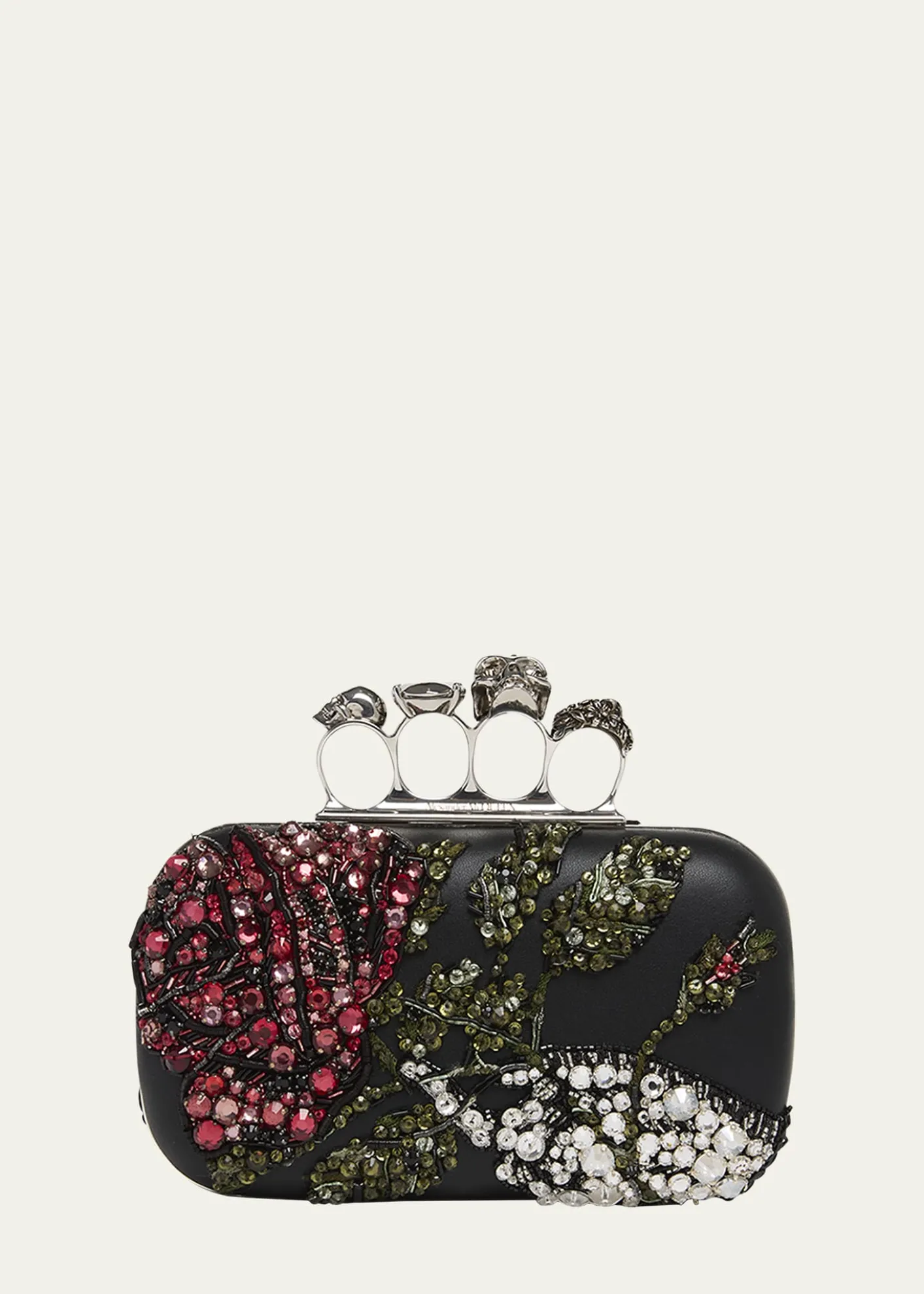 McQueenBead & Crystal Flower Skull Four Ring Clutch Bag