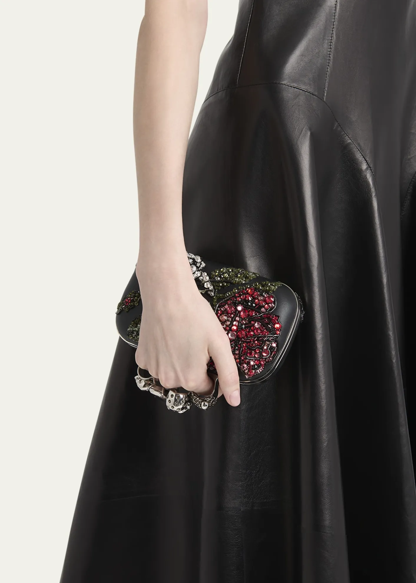 McQueenBead & Crystal Flower Skull Four Ring Clutch Bag