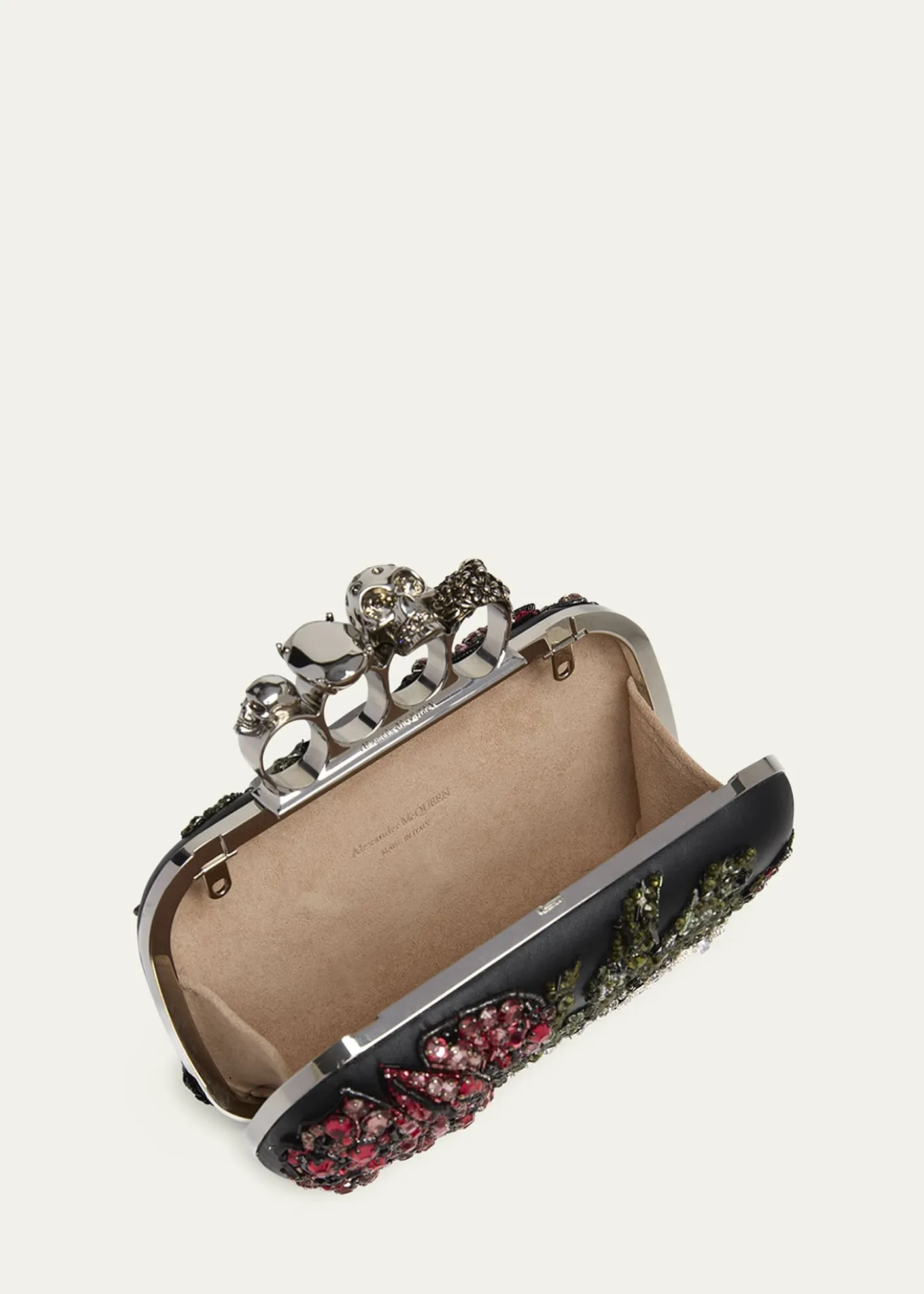 McQueenBead & Crystal Flower Skull Four Ring Clutch Bag