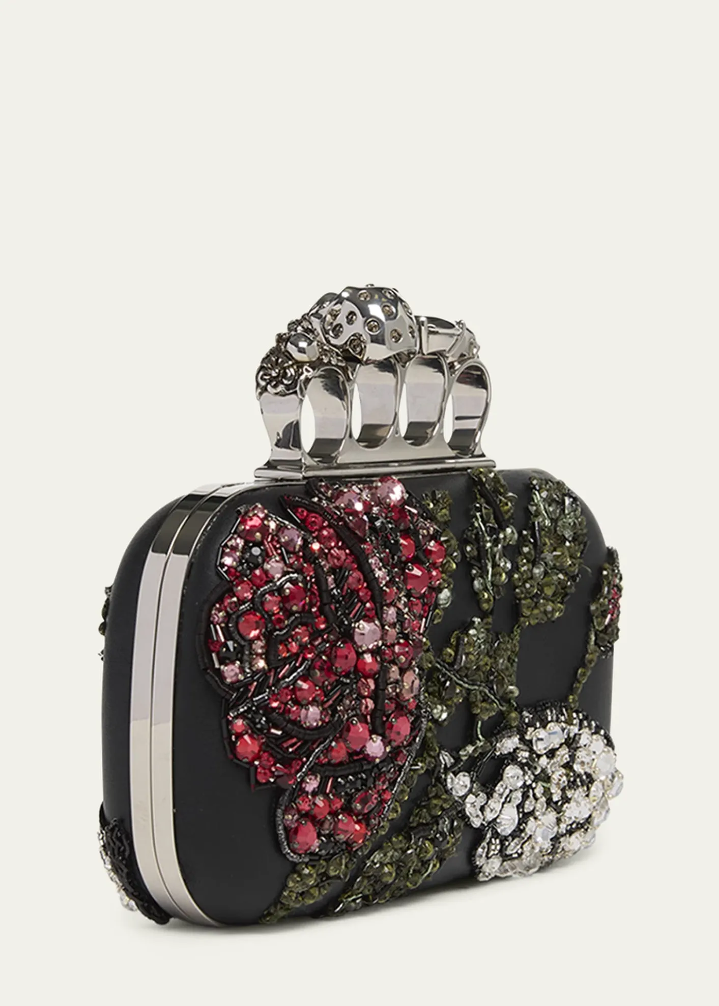 McQueenBead & Crystal Flower Skull Four Ring Clutch Bag