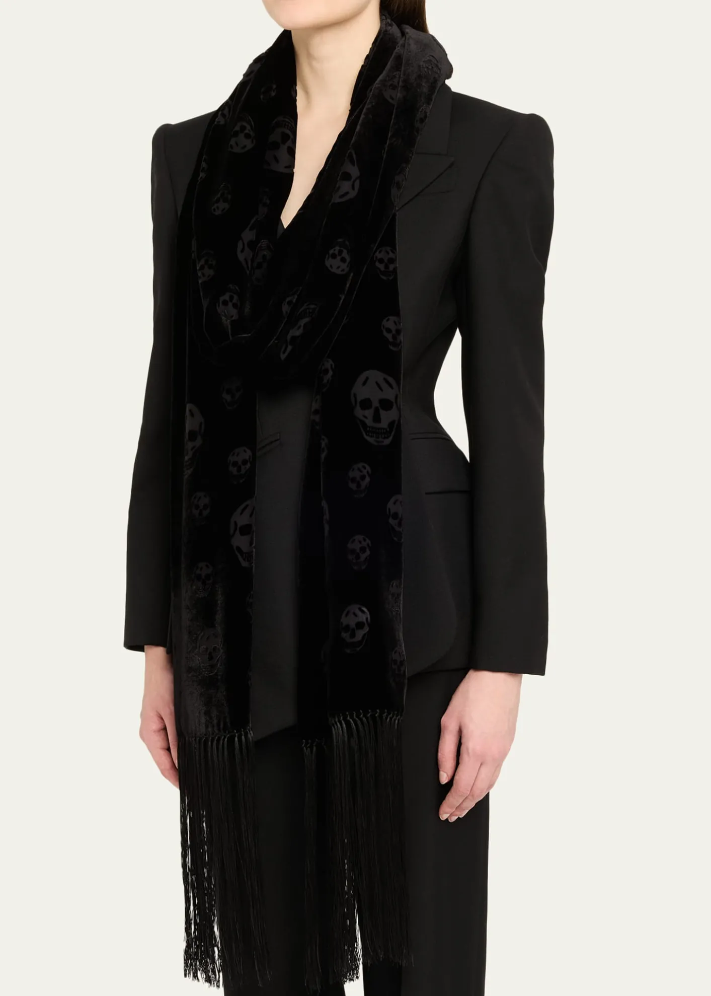 McQueenClassic Skull Velvet Fringe Scarf