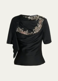 McQueenEmbroidered Lace Draped Silk Top
