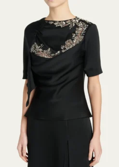 McQueenEmbroidered Lace Draped Silk Top