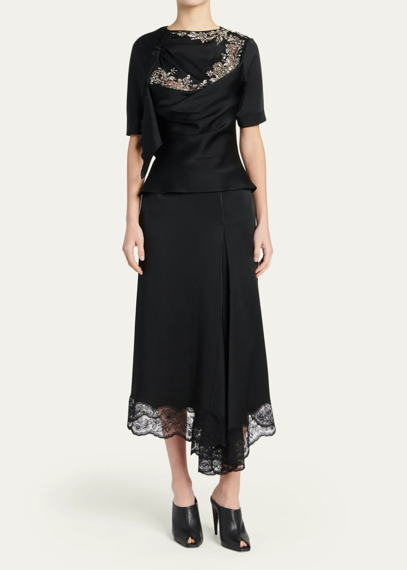McQueenEmbroidered Lace Draped Silk Top