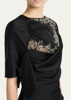 McQueenEmbroidered Lace Draped Silk Top
