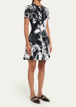 McQueenFloral Jacquard Short-Sleeve Mini Dress