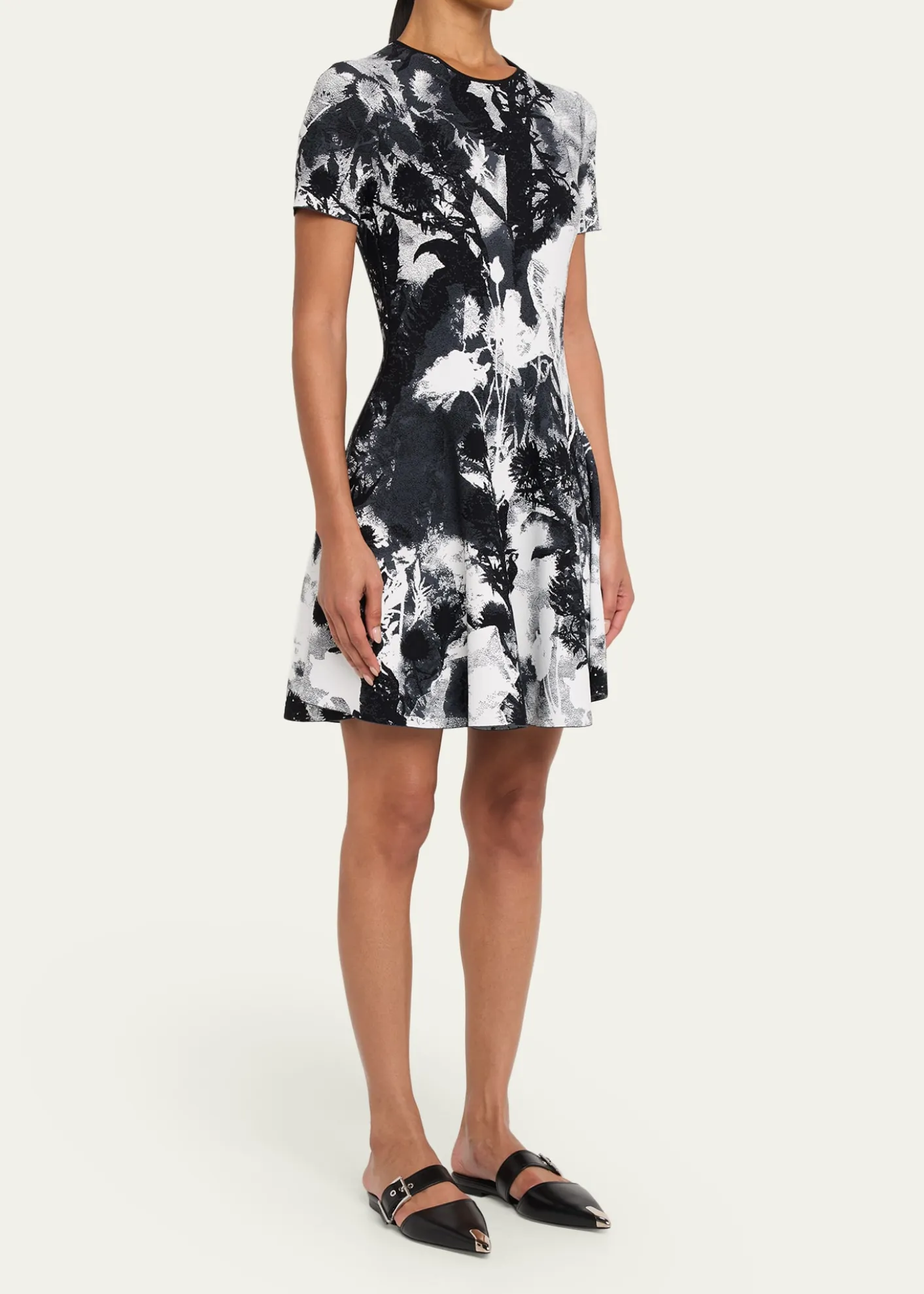 McQueenFloral Jacquard Short-Sleeve Mini Dress