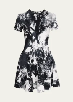 McQueenFloral Jacquard Short-Sleeve Mini Dress