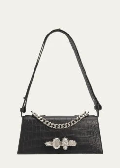 McQueenJeweled Croc-Embossed Leather Shoulder Bag