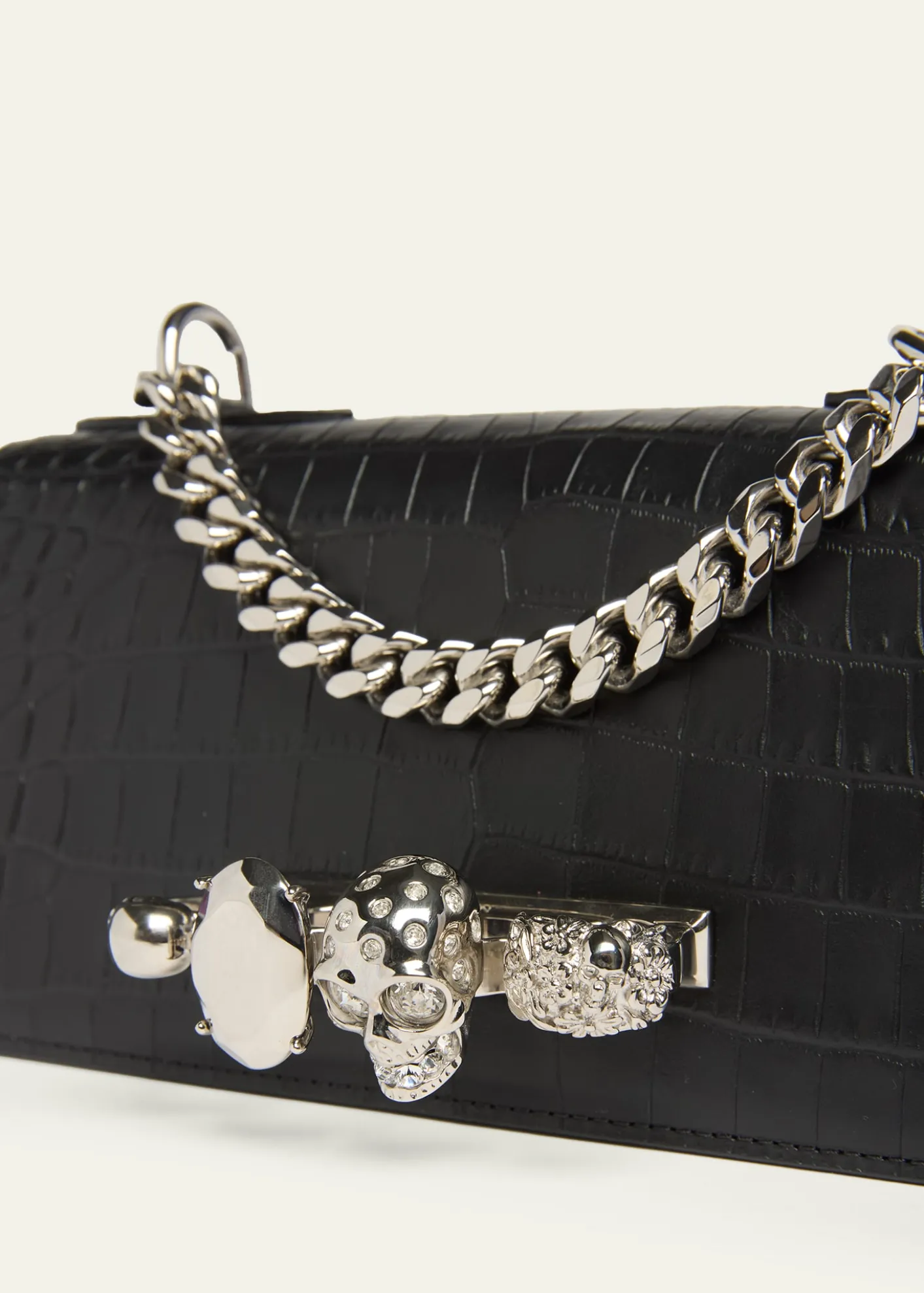 McQueenJeweled Croc-Embossed Leather Shoulder Bag
