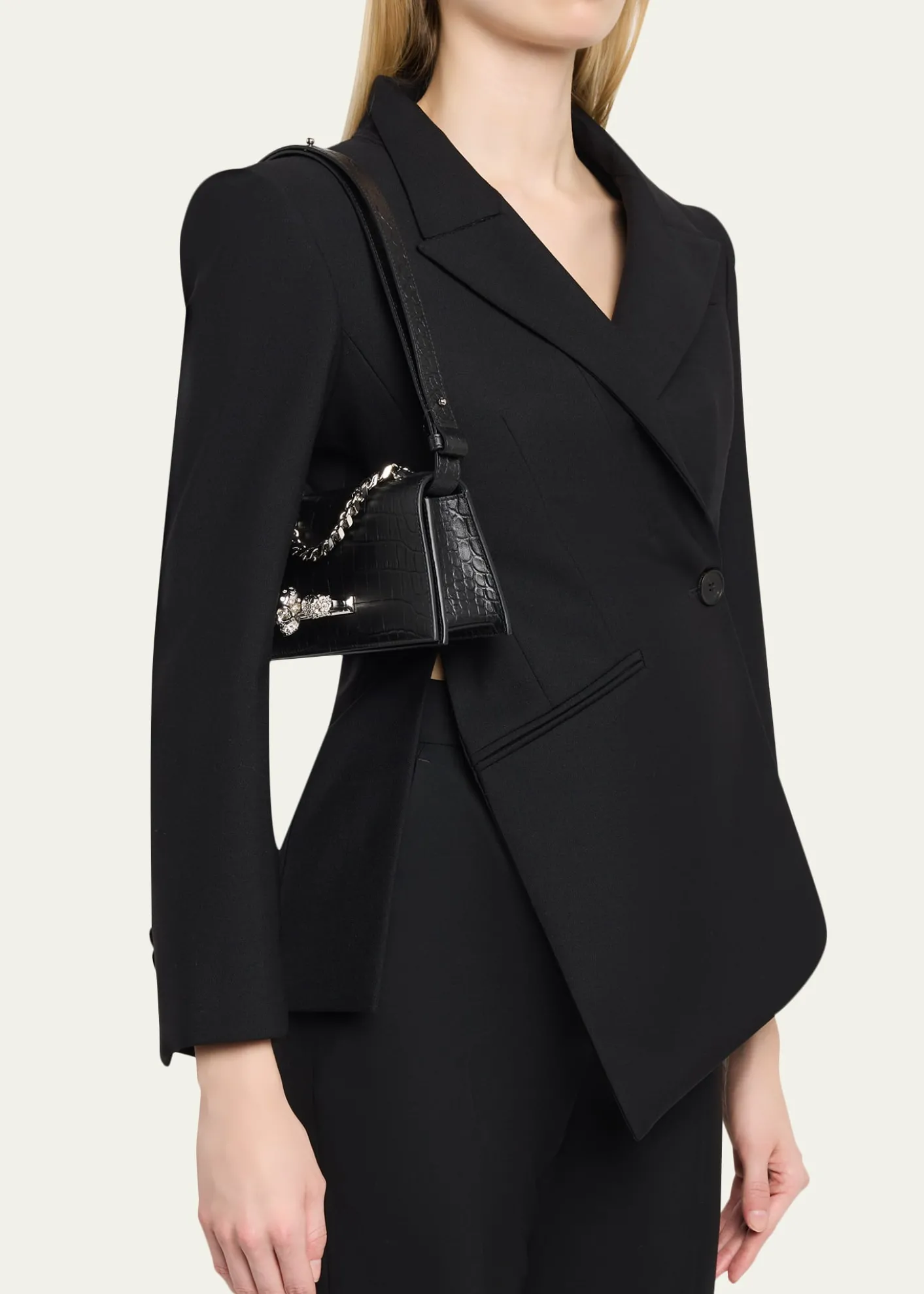 McQueenJeweled Croc-Embossed Leather Shoulder Bag