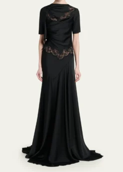 McQueenLace-Inset Draped Satin Evening Dress