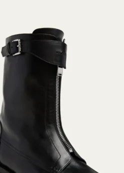 McQueenMen's Biker Leather Center-Zip Buckle Boots