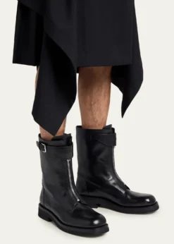 McQueenMen's Biker Leather Center-Zip Buckle Boots