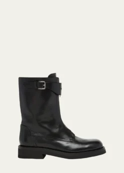 McQueenMen's Biker Leather Center-Zip Buckle Boots