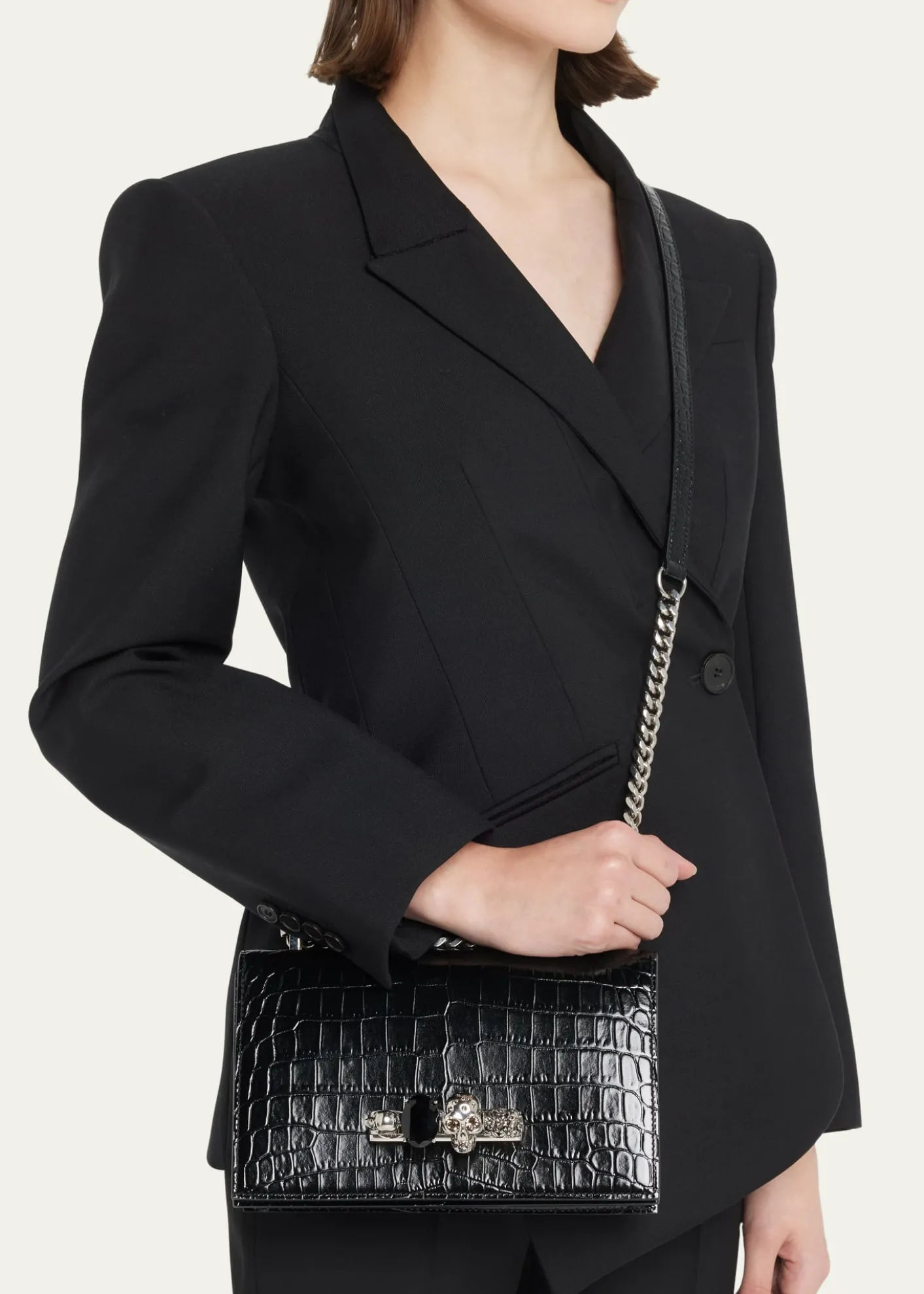 McQueenShiny Croc-Embossed Jeweled Shoulder Bag