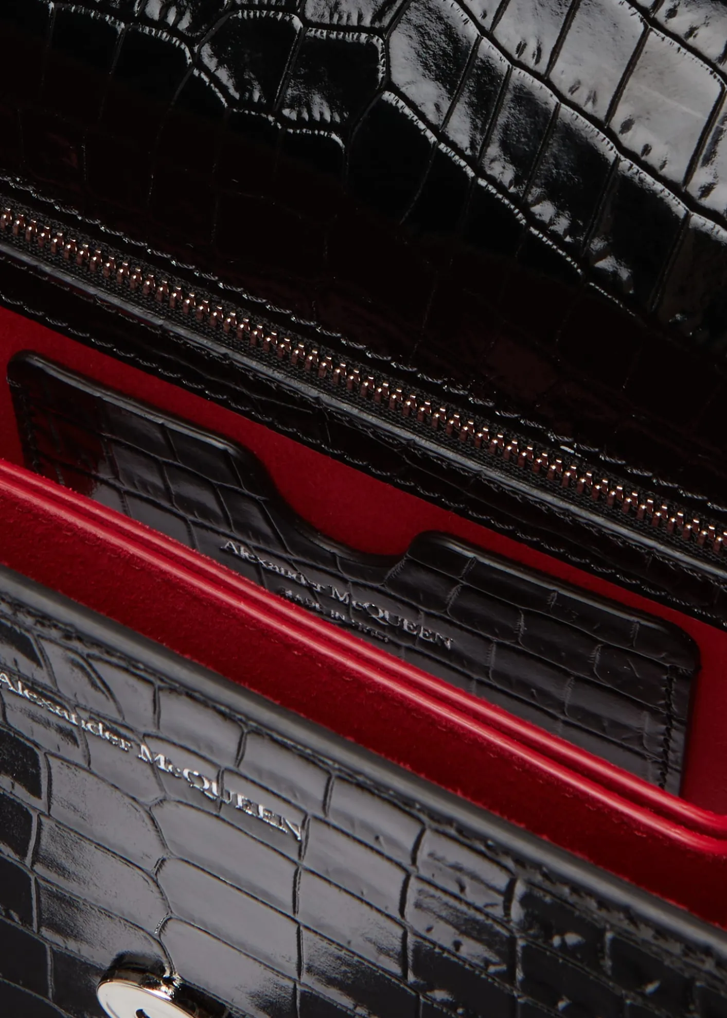 McQueenShiny Croc-Embossed Jeweled Shoulder Bag