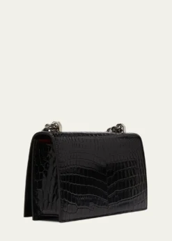 McQueenShiny Croc-Embossed Jeweled Shoulder Bag