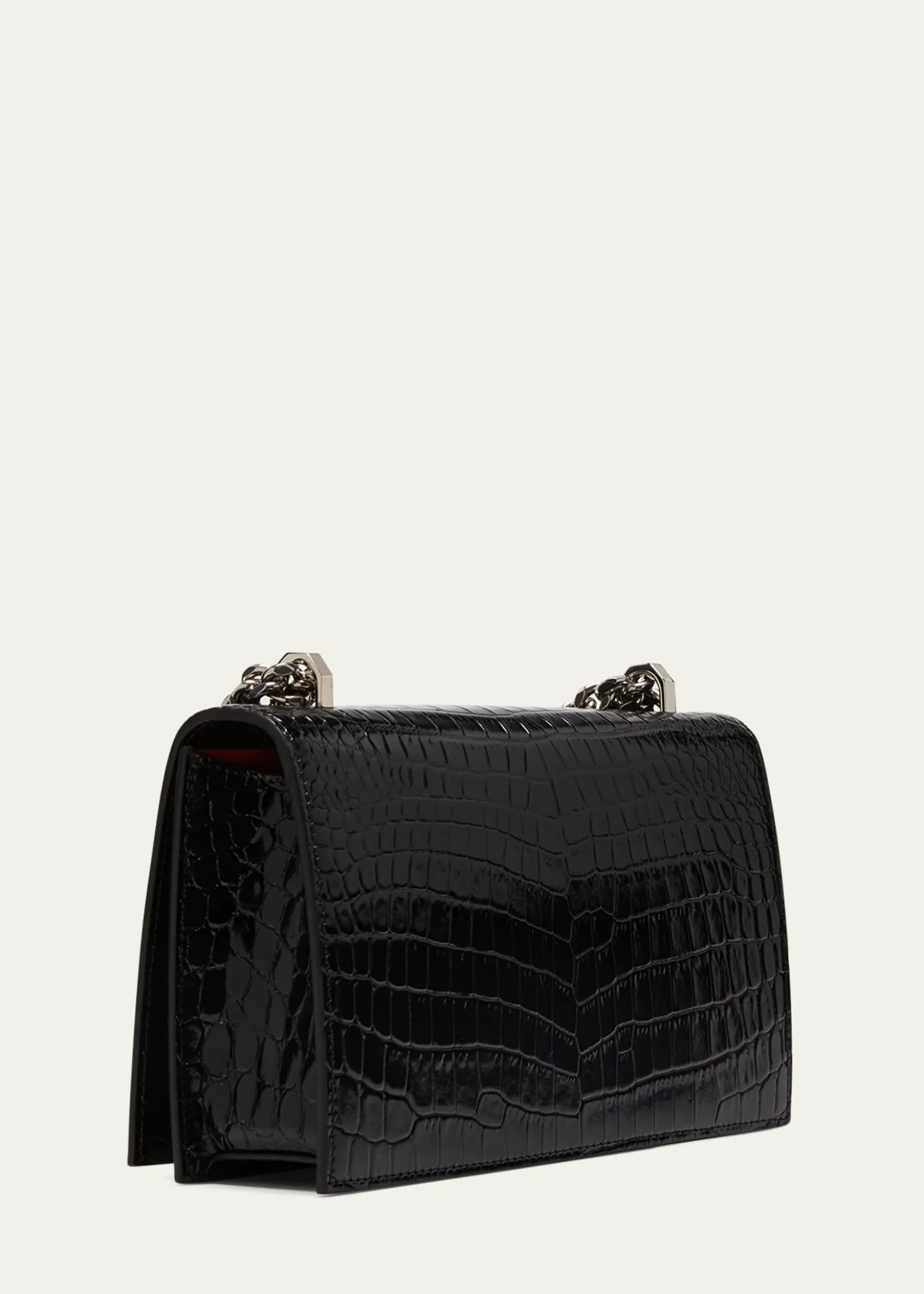 McQueenShiny Croc-Embossed Jeweled Shoulder Bag
