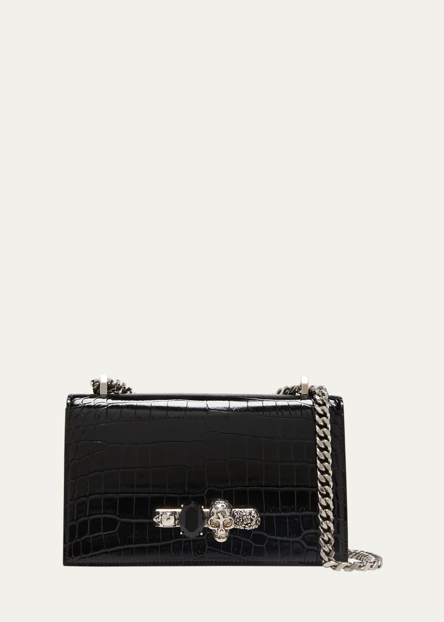 McQueenShiny Croc-Embossed Jeweled Shoulder Bag