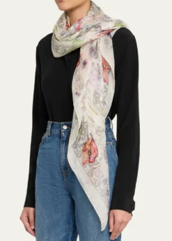 McQueenSkull & Spider Floral Silk Scarf