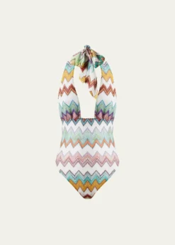 MissoniZig Zag Crochet Halter One-Piece Swimsuit
