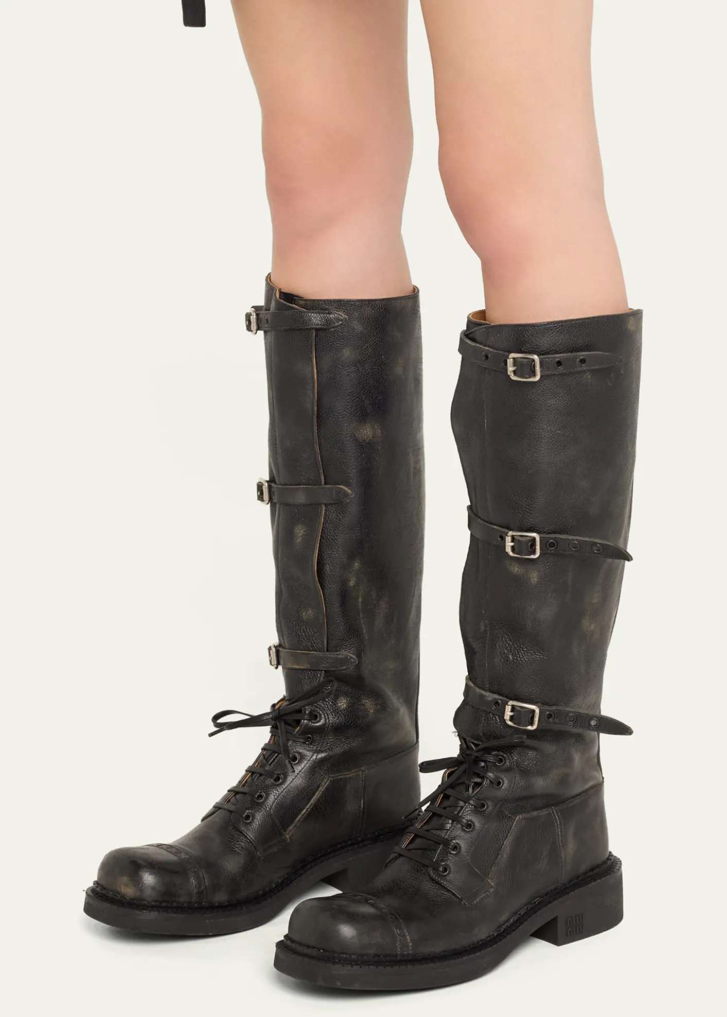 Miu MiuAntic Buckle Distressed Leather Knee-High Boots