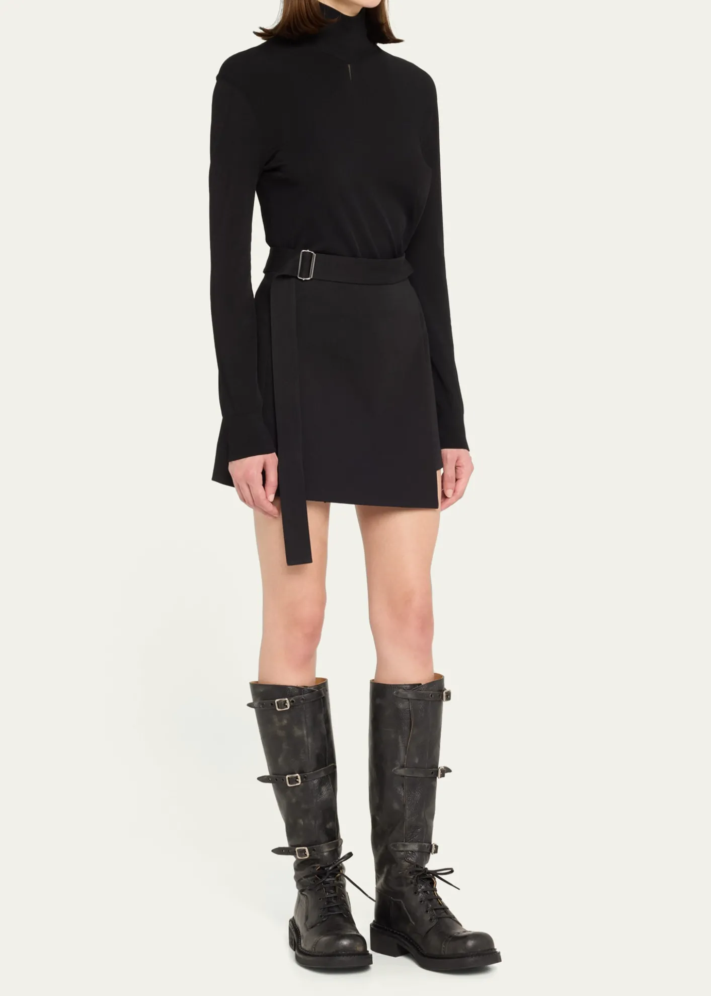 Miu MiuAntic Buckle Distressed Leather Knee-High Boots