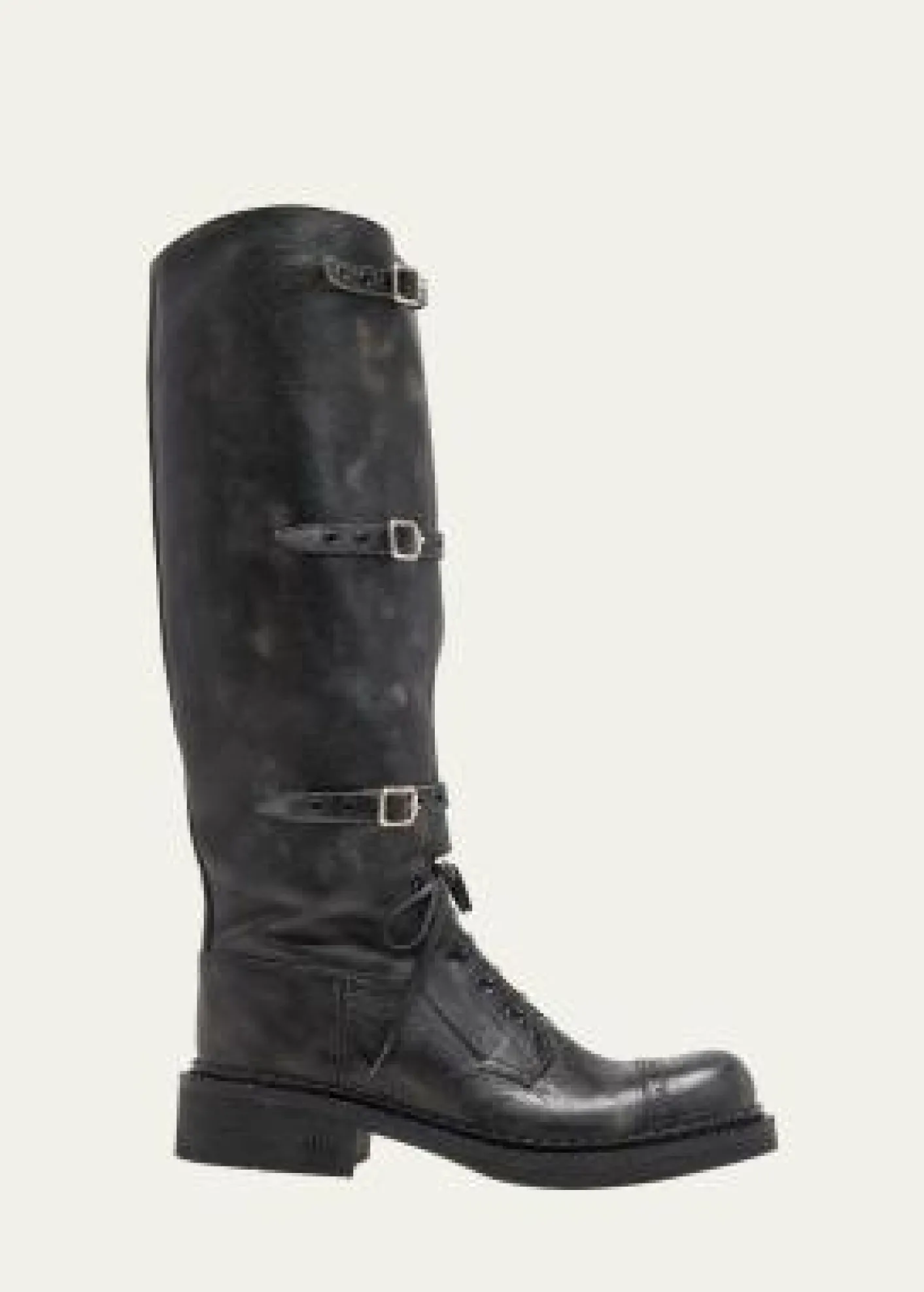 Miu MiuAntic Buckle Distressed Leather Knee-High Boots