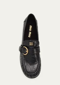 Miu MiuCrinkled Leather Buckled Moccasin Loafers