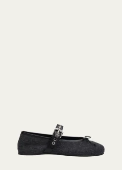 Miu MiuFlannel Leather-Strap Ballerina Flats