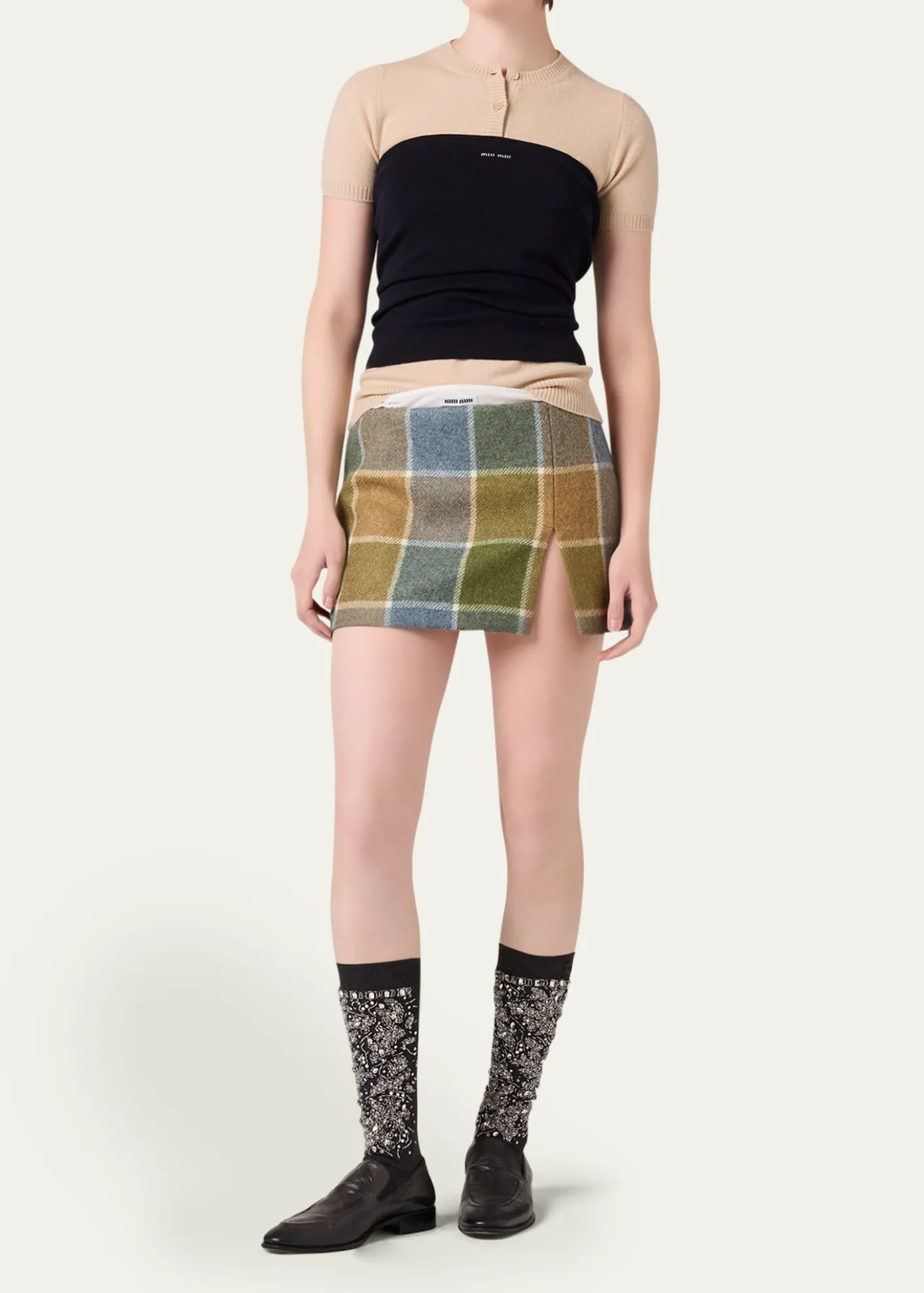 Miu MiuShort-Sleeve Cashmere Henley Sweater