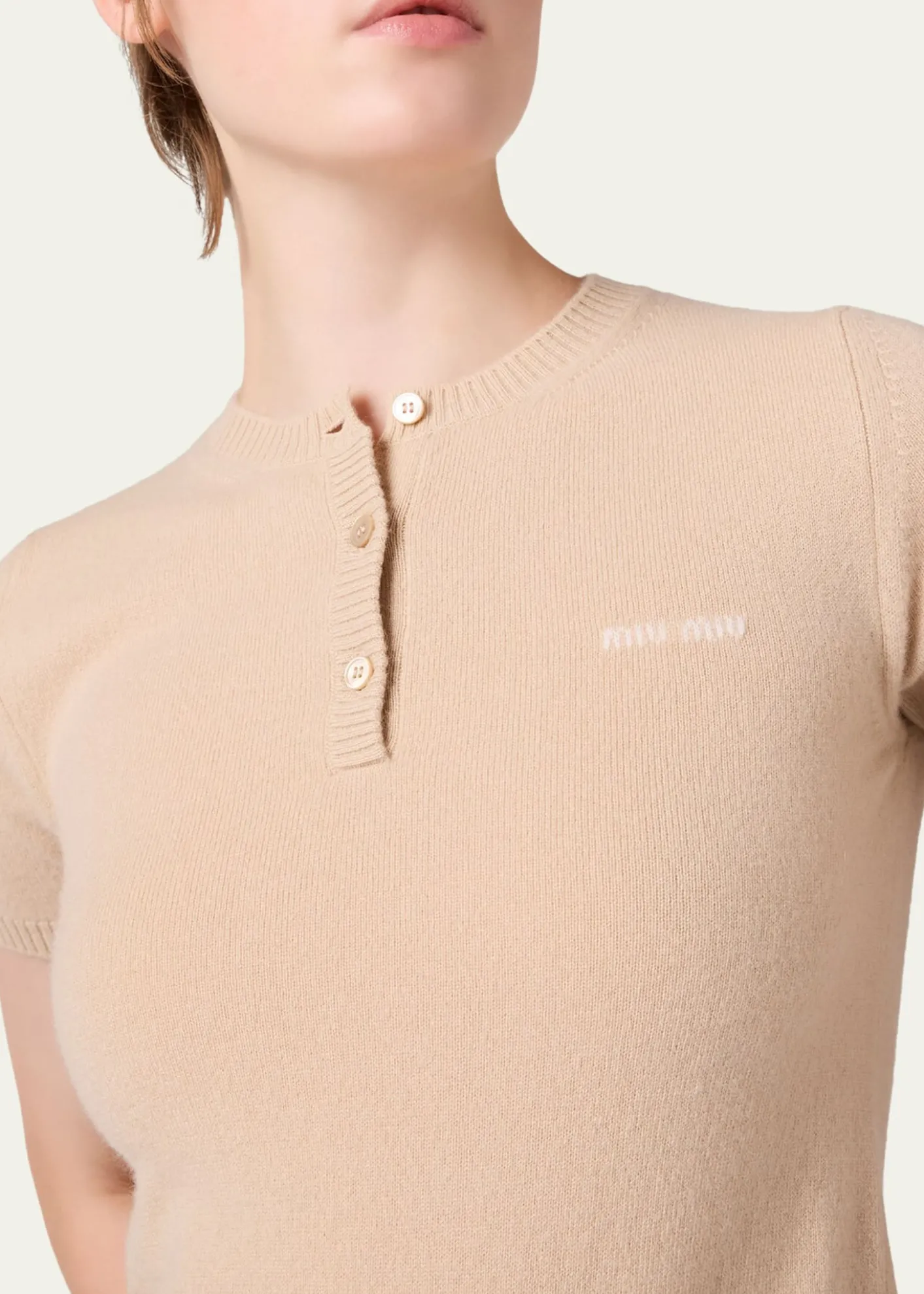 Miu MiuShort-Sleeve Cashmere Henley Sweater