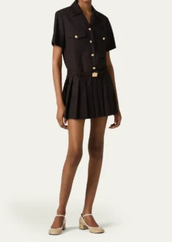 Miu MiuShort-Sleeve Pleated Mini Shirtdress With Belt