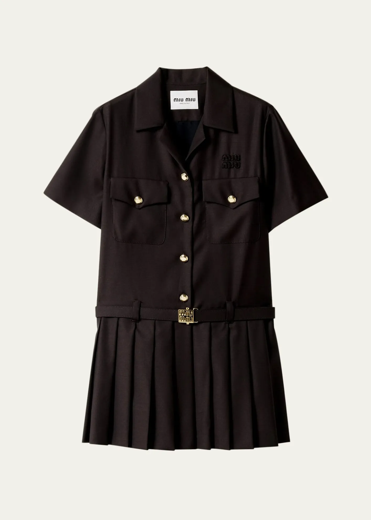 Miu MiuShort-Sleeve Pleated Mini Shirtdress With Belt