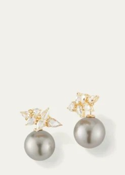Mizuki18K Yellow Gold Horizon Earrings with 13mm South Sea Pearls and Rose Cut Diamonds