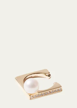 Mizuki14K Yellow Gold 1 Row Diamond Cube Ear Cuff with Pearl, Single