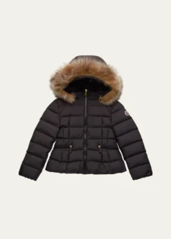 Moncler Girl's Bodette Puffer Jacket W/ Dyed Shearling Hood, Size 4-6