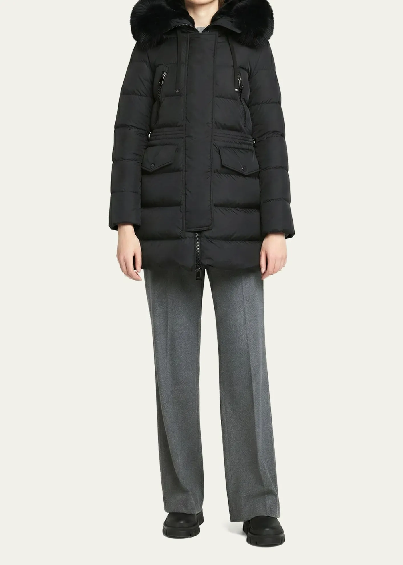MonclerAphroti Mid-Length Puffer Jacket with Shearling Hood Trim