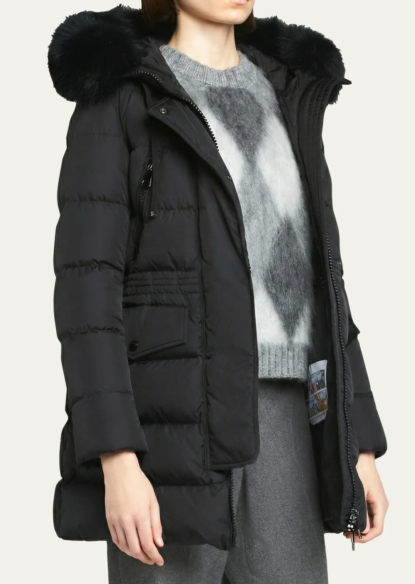 MonclerAphroti Mid-Length Puffer Jacket with Shearling Hood Trim