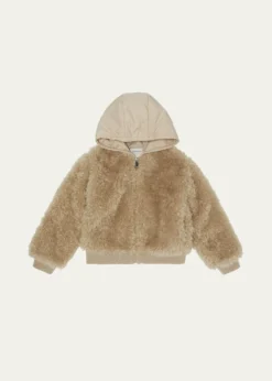 MonclerGirl's Teddy Fleece Nylon Hood Zip-Front Cardigan, Size 4-6