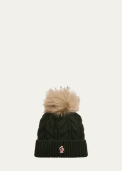 Moncler GrenobleCable-Knit Wool-Cashmere Beanie with Shearling Pom