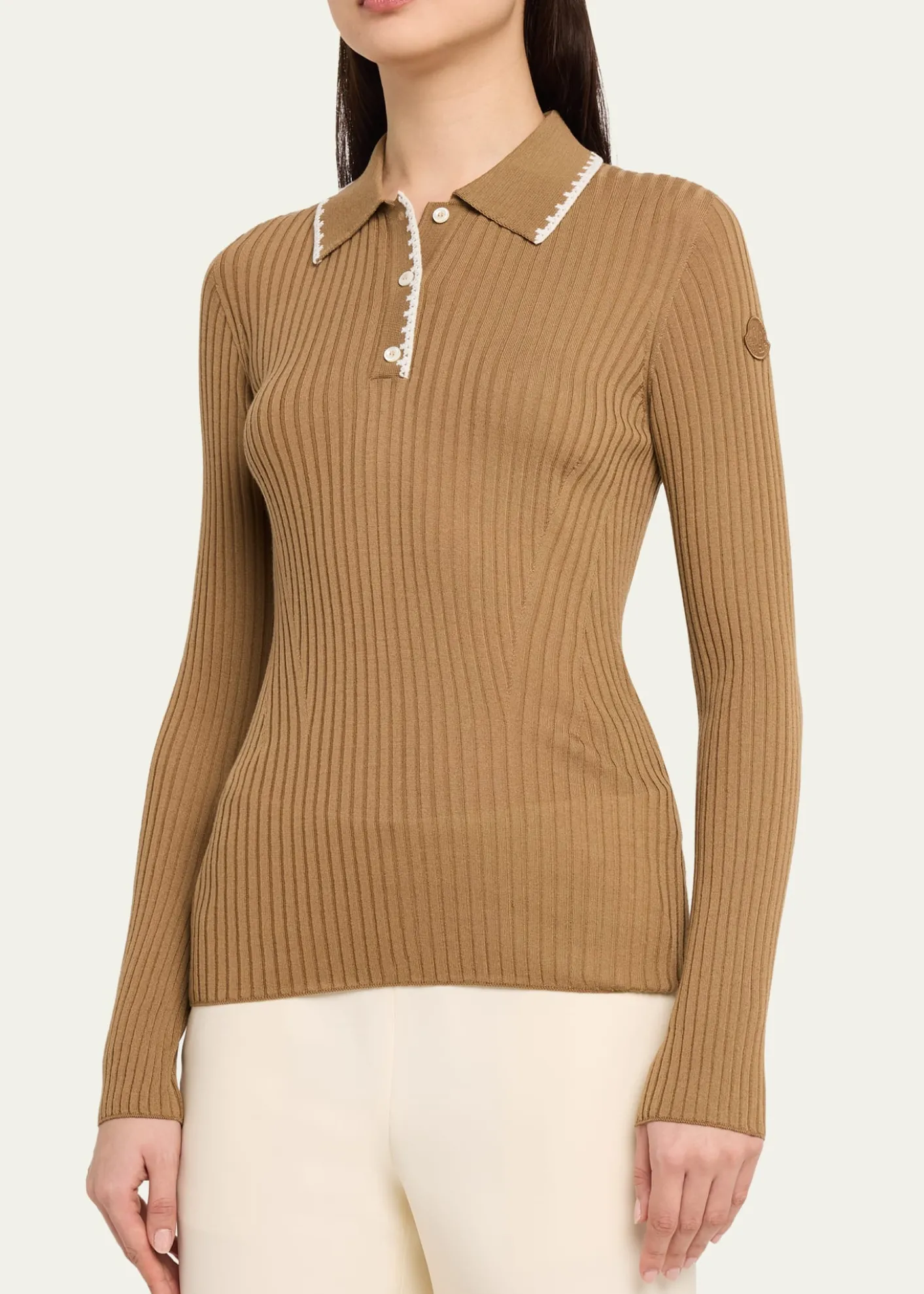 MonclerLong-Sleeve Rib-Knit Polo