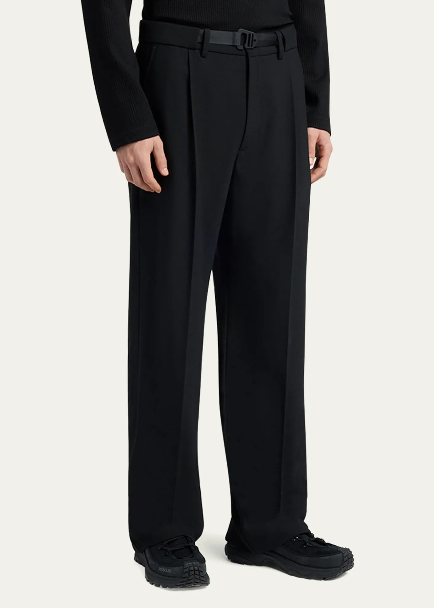 MonclerMen's Matte Black Belted Twill Trousers