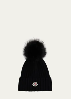 MonclerRibbed Beanie with Faux Fur Pom